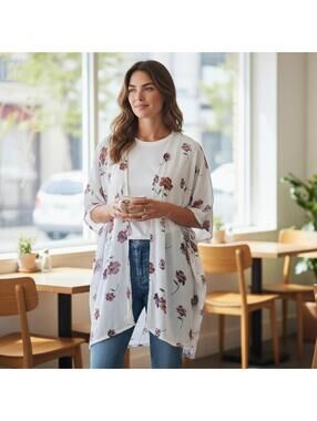 Final Touch Floral Kimono Duster Boho Open Front Cover Up S